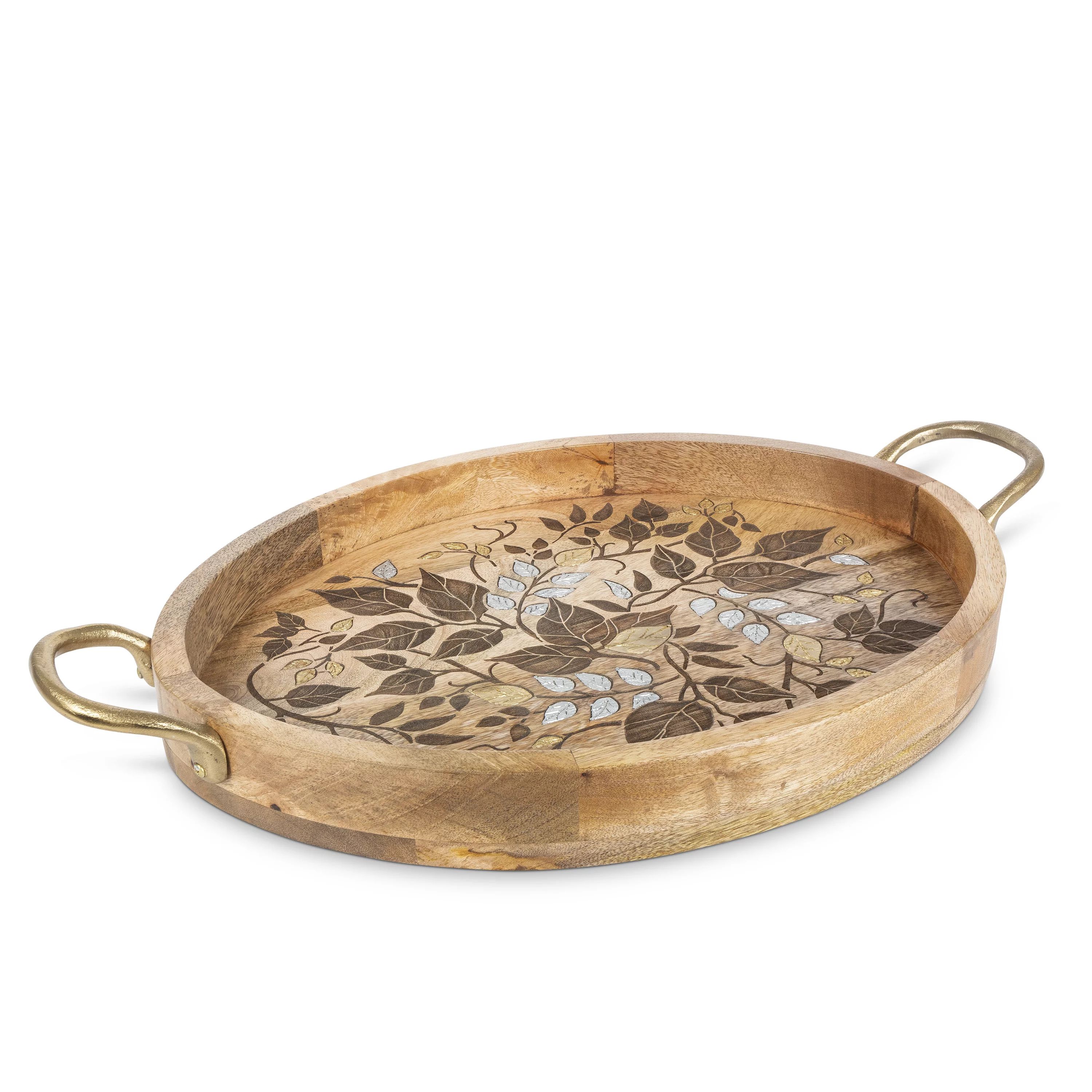 Gerson Mango Wood with Laser and Metal Inlay Leaf Design Oval Tray with Gold-tone Handles. - Walm... | Walmart (US)