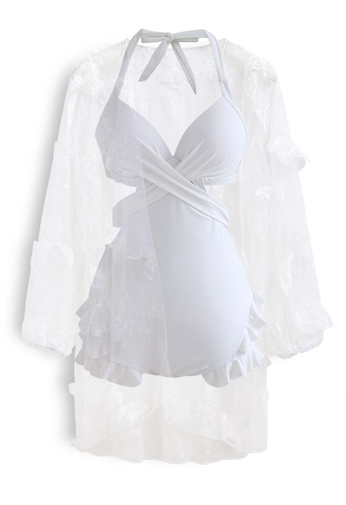 Halter Tied Ruffle Swimsuit with Mesh Kimono in White | Chicwish
