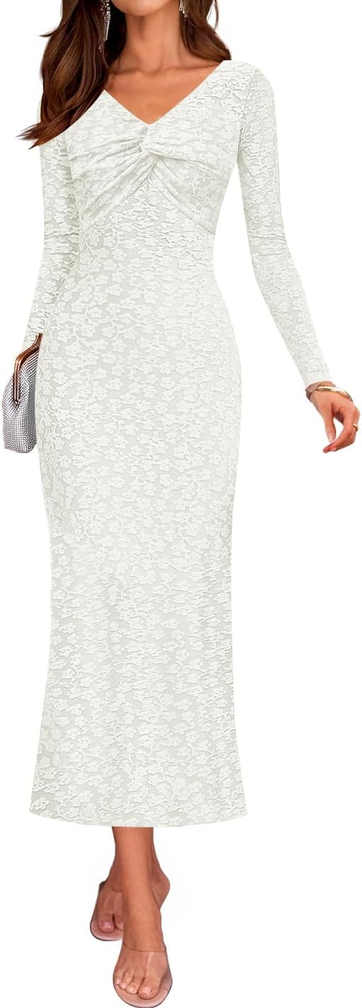 ZESICA Women's Fall Floral Long Sleeve Bodycon Dress 2025 Boho V Neck Cocktail Party Long Midi Dr... | Amazon (US)