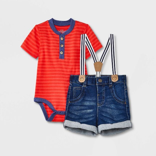 Baby Boys' Denim Shorts Suspender Set - Cat & Jack™ Coral Red | Target