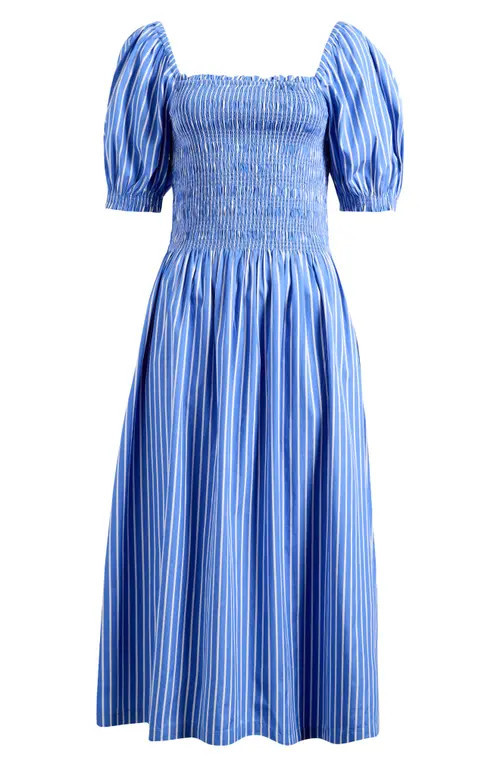 Madewell Smocked Puff Sleeve Midi Dress in Stripe Poplin in Waterfall at Nordstrom, Size Xx-Small | Nordstrom
