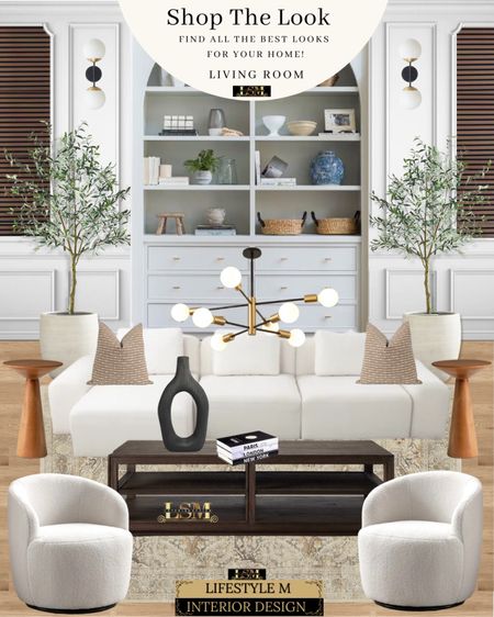Modern transitional living room design idea. Dark brown coffee table, white swivel accent chair, beige traditional rug, black table vase, decorative books, white sectional sofa, light brown throw pillow, wood round end table, white tree planter pot, realistic fake tree, brown wall panel, modern bubble chandelier.

#LTKhome #LTKFind #LTKstyletip