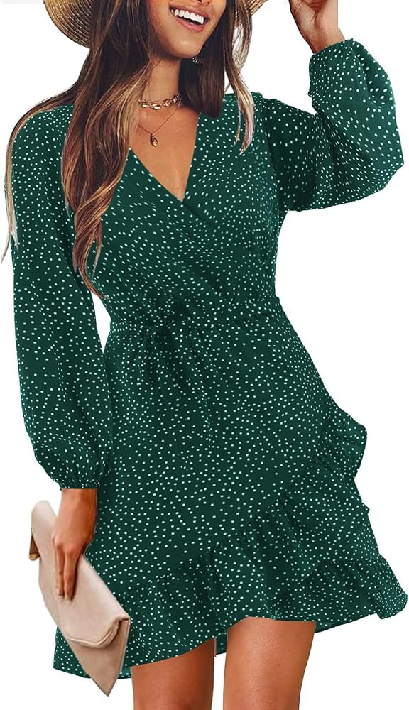 Amoretu Womens Short/Long Sleeve Dress Wrap V Neck Ruffle Hem Mini Summer Dresses | Amazon (US)