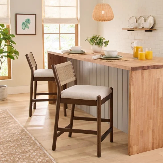 Better Homes & Gardens Lillian Fluted Counter Stools, Walnut & Cream, Set of 2 | Walmart (US)