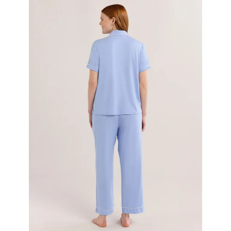Joyspun Women's Short Sleeve Notch Collar Knit Top & Capri Pajama Set, 2-Piece, Sizes XS-3X | Walmart (US)