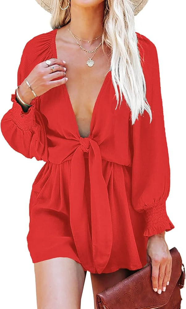 AlvaQ Rompers for Women 2024 Summer Tie Knot Front Sexy V Neck Short Jumpsuits | Amazon (US)