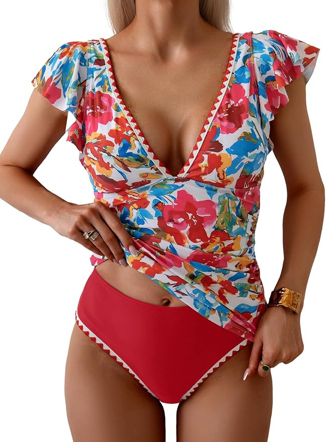 Women's Tankini Swimsuit Tummy Control Ruffle Two Piece Bathing Suit V Neck Ruched Swimwear with ... | Amazon (US)