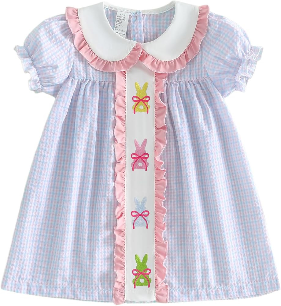 Toddler Baby Girl Easter Dress Bunny Embroidered Ruffle Dress Plaid Short Sleeve Princess Dress E... | Amazon (US)