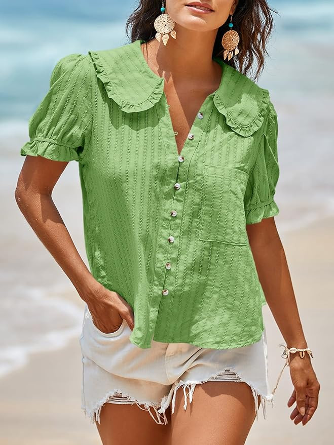 Tankaneo Womens Puff Sleeve Shirts Peter Pan Collar Button Down Cotton Blouse Casual Summer Textu... | Amazon (US)