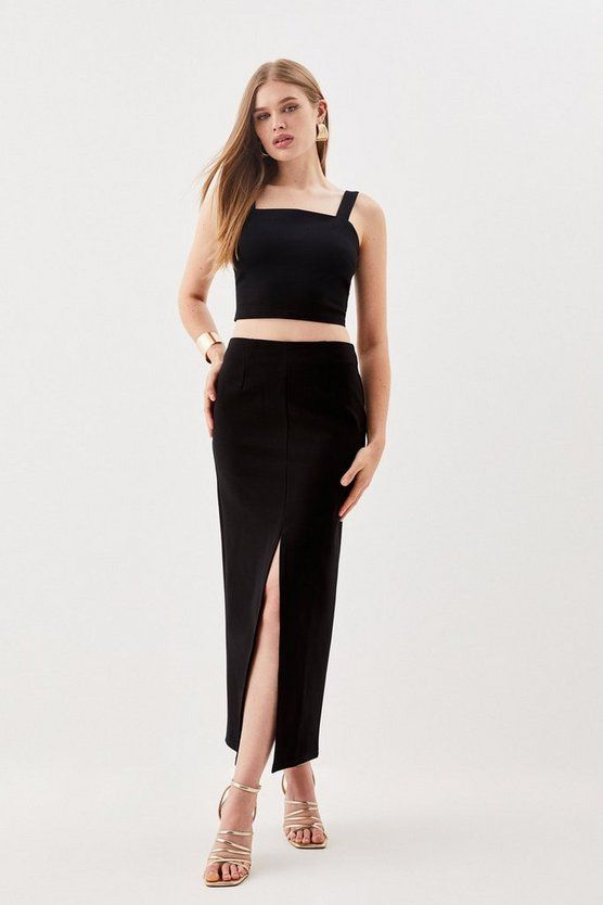 Ponte Strappy Crop Top And Split Front Skirt Jersey Set | Karen Millen US