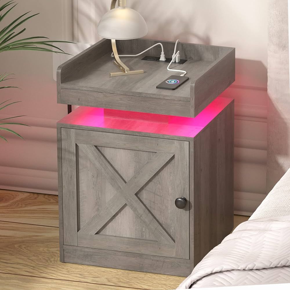HOSEOKA Nightstand with Charging Station and LED Lights, Bedside Table with Storage Cabinet for B... | Amazon (CA)