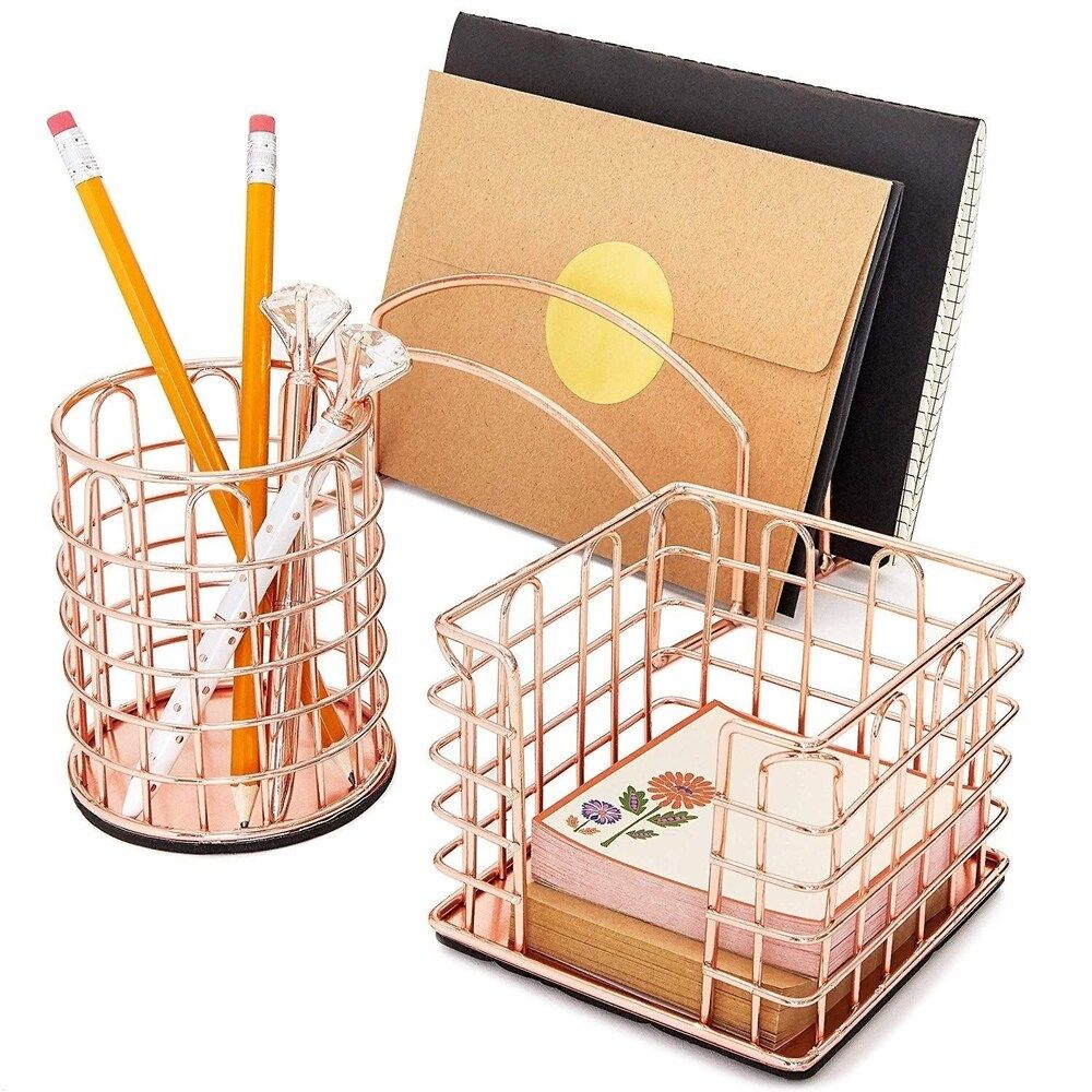 3-Pc Set Rose Gold Office Supplies Desk Organizer Sticky Note Pen Letter Holder | Bed Bath & Beyond