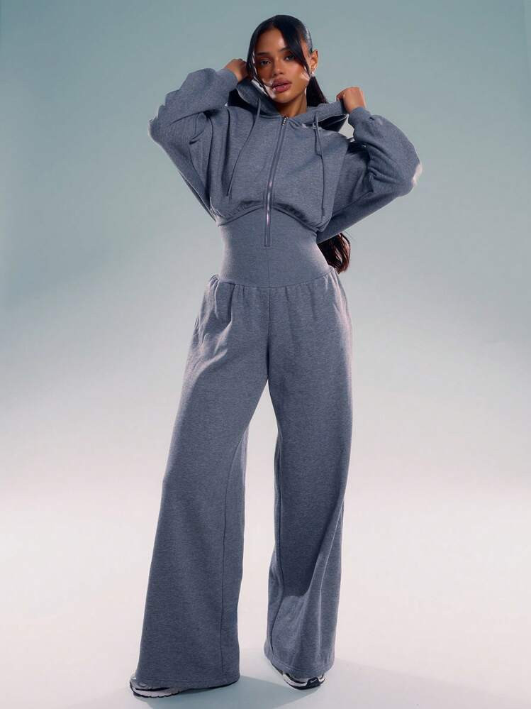 MUSERA Hooded Zip Through Jumpsuit Cinched Waist Relaxed Lounge Casual Capsule Wardrobe Basic Eve... | SHEIN