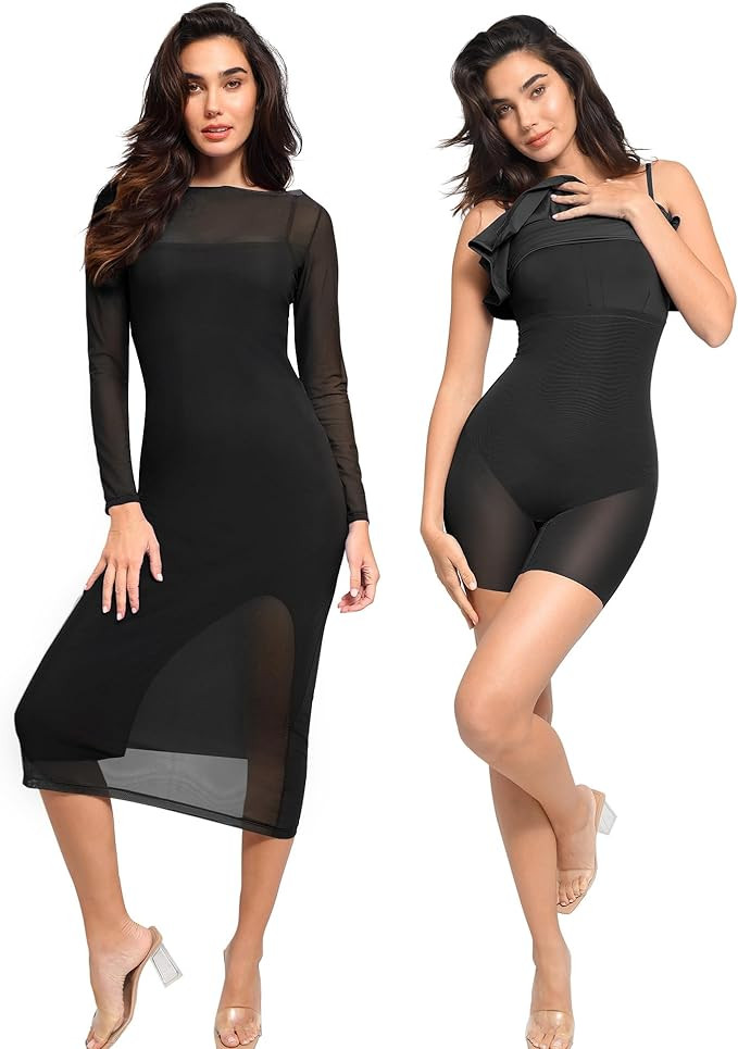 Popilush The Shapewear Two Piece Sheer Mesh Dress - Midi Dress for Spring - Slit Dress Worn Separ... | Amazon (US)