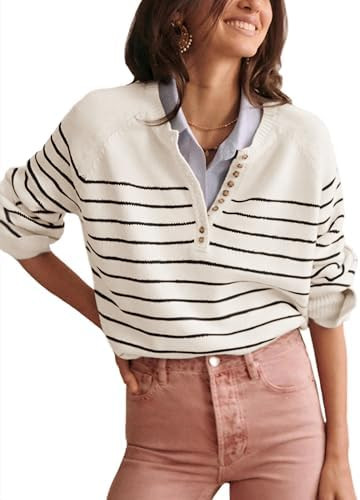Hongsui Women's Color Block Striped Sweaters Button Up Crewneck Pullover Ribbed Knit Sweater Tops | Amazon (US)