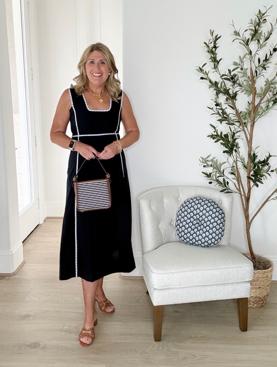 Dress runs a bit snug. Size up one for a roomy fit. No stretch. Heels run tts. The heels are on sale. So versatile for summer! 🙌

This is @Duffield Lane adorable and ultra soft “Landon Dress in Navy Silky Oxford.”

I love these features about it:
- Flattering square neckline
- Contrast striped piping
- Fitted bodice with flowy skirt
- Midi length
- Side invisible zipper closure
- Sleeveless cut with bra-friendly straps
- Dress length: 48 1/2"

Also linking my favorite Susan Shaw jewelry pieces. ♥️✨

#LTKShoeCrush #LTKFindsUnder100 #LTKStyleTip #LTKBeauty #LTKMidsize #LTKTravel #LTKOver40 #LTKSeasonal #LTKWorkwear #LTKootd #LTKWedding