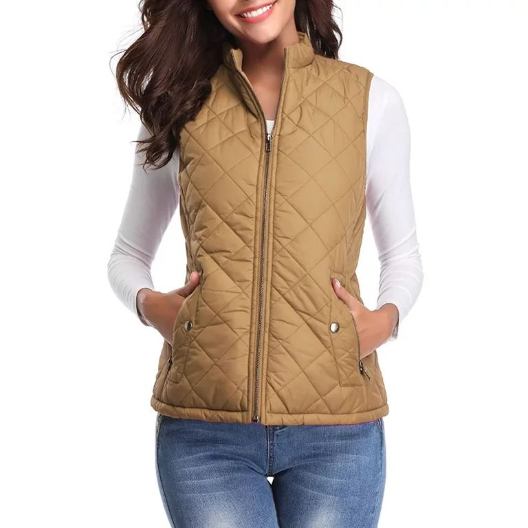 Fuinloth Women Quilted Vest, Stand Collar Lightweight Zip Padded Gilet Outerwear Coats Camel M | Walmart (US)