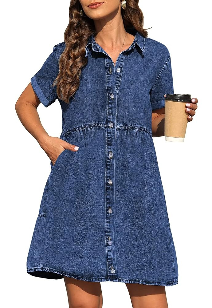 KDF Denim Dress for Women with Pockets Short Sleeve Babydoll Denim Shirt Dresses for Women 2025 | Amazon (US)