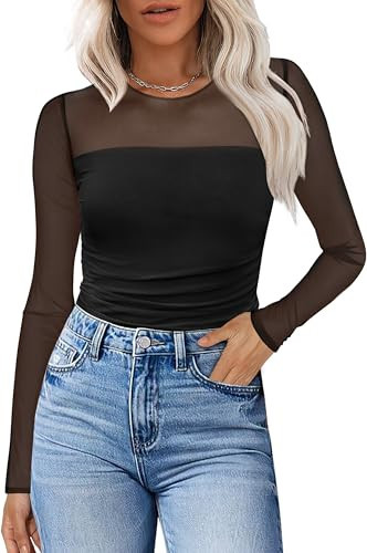 XIEERDUO Black Tops for Women Going Out Tops Sexy Sheer Long Sleeve Shirts for Women Date Night Outfits Trendy 2025 S | Amazon (US)