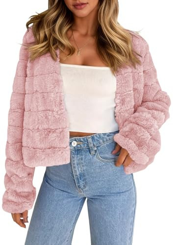 Fisoew Womens Cropped Faux Fur Jackets Long Sleeve Open Front Fluffy Short Coats | Amazon (US)