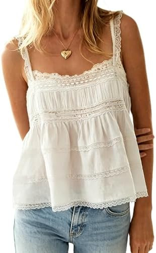 Women Y2k Semi Sheer Cami Shirts Lace Trim Spaghetti Strap Sleeveless Round Neck Tiered Casual Go... | Amazon (US)