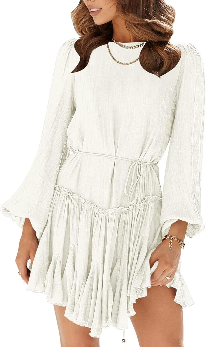 ANRABESS Women's 2023 Spring Summer Crewneck Puff Sleeve Babydoll Dress Ruffle Tiered A-Line Flow... | Amazon (US)