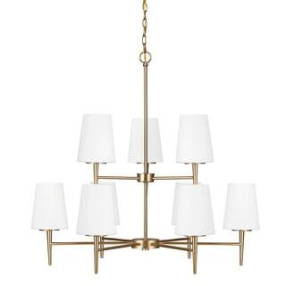 Sea Gull Lighting Driscoll 9-Light Satin Brass Mid-Century Modern Hanging Chandelier with Inside ... | The Home Depot