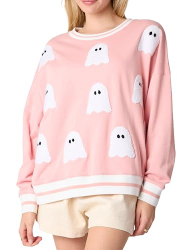 Argeousgor Women Halloween Sweatshirt Sequin Ghost Oversized Long Sleeve Sweater Pumpkin Pullover Tops Shirt(Light Pink,M) | Amazon (US)
