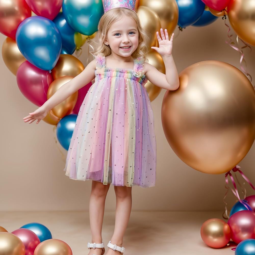 Baby Girl Tutu Rainbow Dresses, Toddler Tulle Sleeveless Sequin Stars Dress, Princess Layered Soft Dress Birthday Outfit | Amazon (US)
