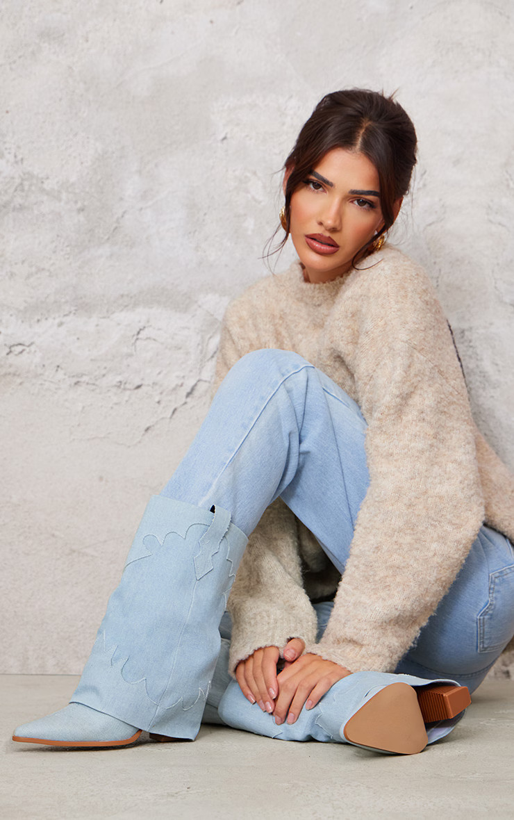 Blue Denim Point Toe Block Heel Fold Over Western Boot | PrettyLittleThing US