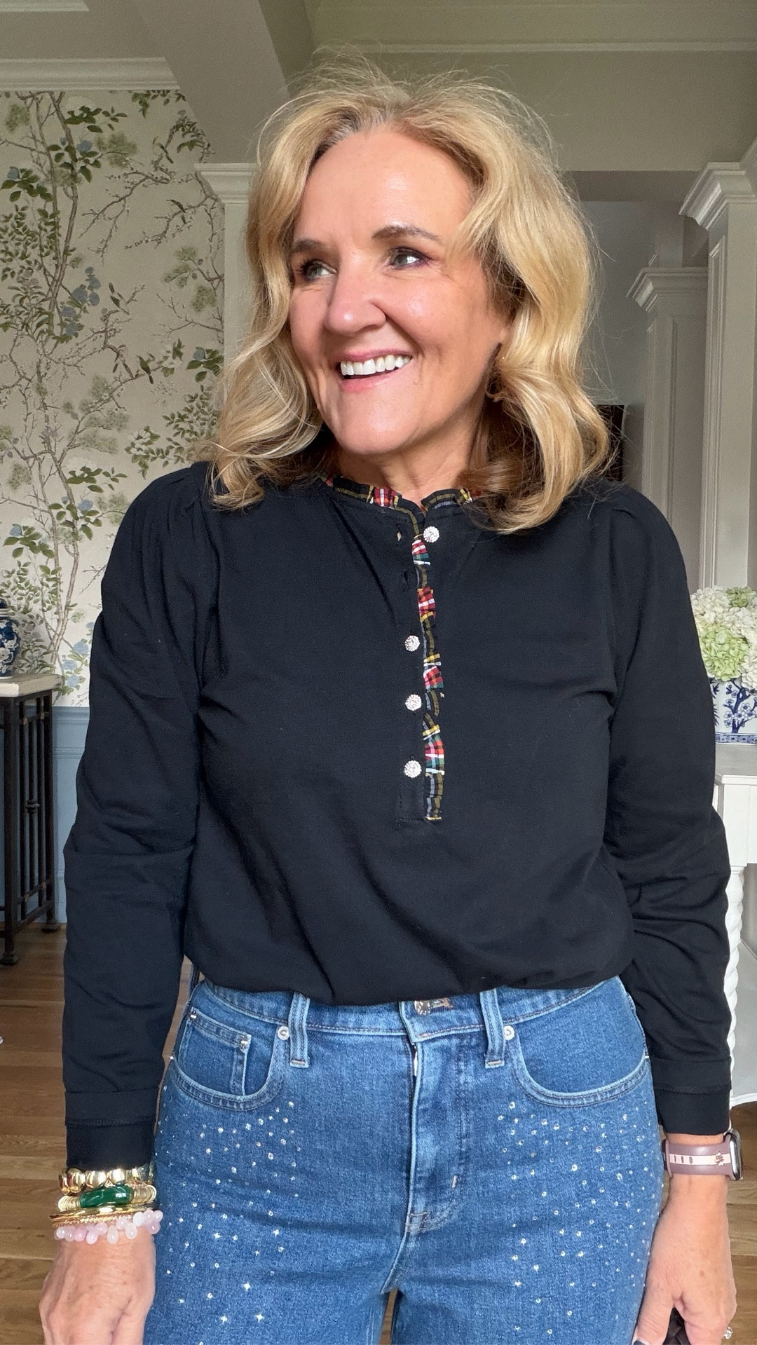 Tartan trimmed henly size medium 
Embellished jeans size 29 petite size up if inbetween 
20% off my Allie & Bess jewelry code NANETTE20

#LTKFindsUnder100 #LTKHoliday #LTKOver40