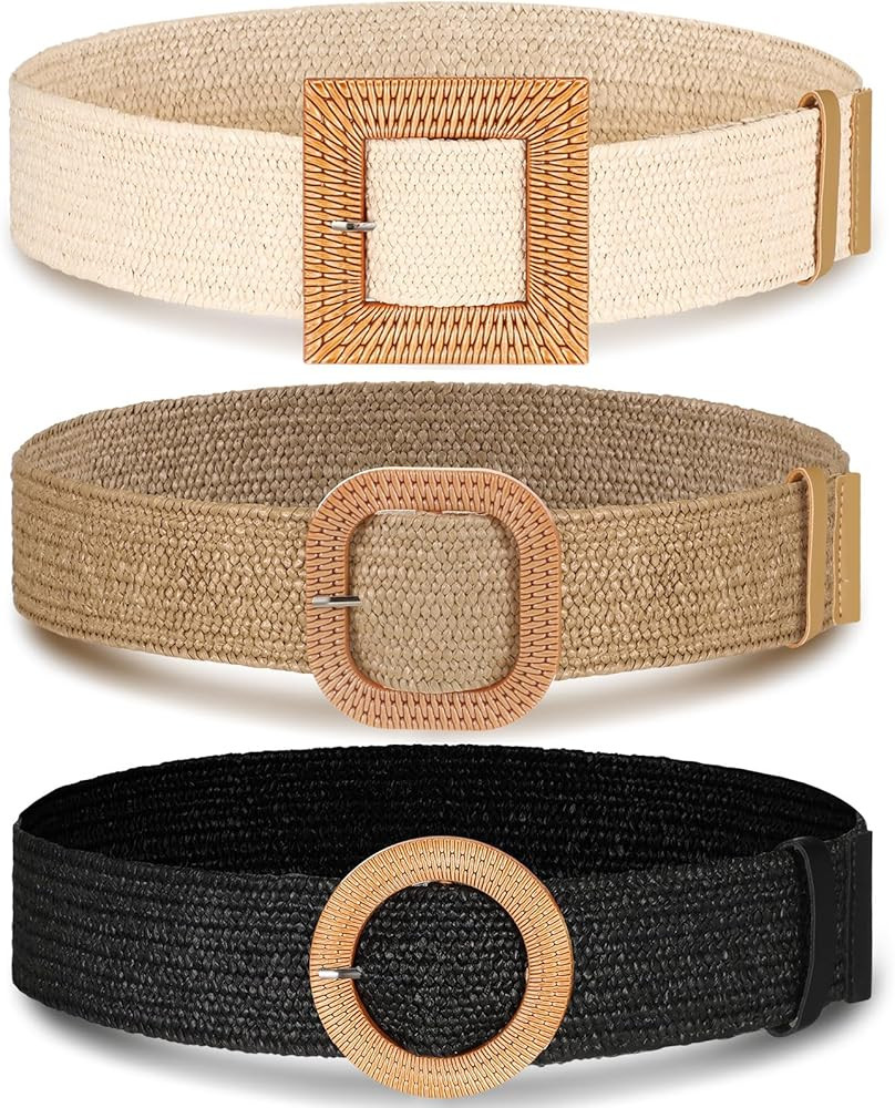 Syhood 3 Pieces Straw Woven Elastic Waist Belt for Women Bohemian Dress Braided Belt | Amazon (US)