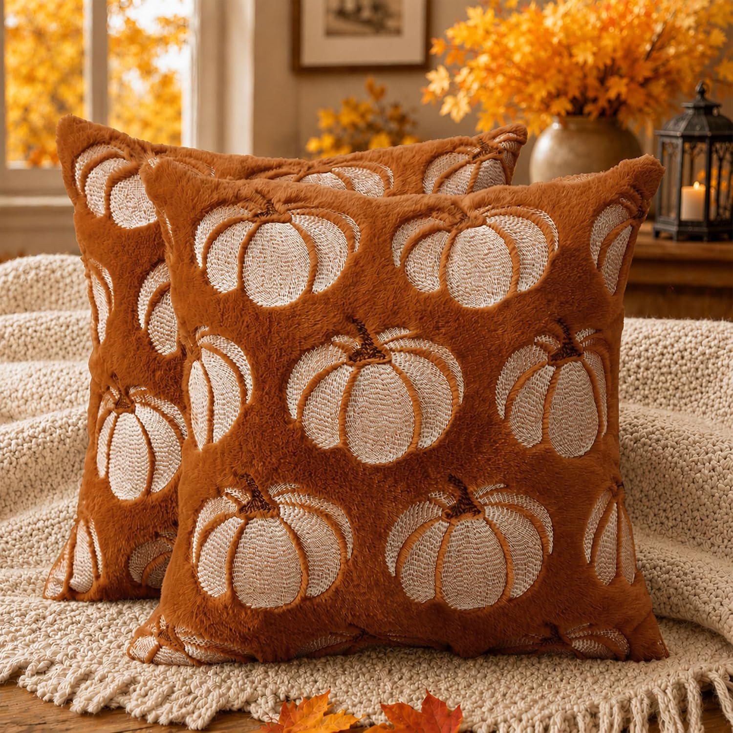 DFXSZ Fall Pillow Covers 18x18 Rust Pumpkin Plush Autumn Home Decor 093B18 | Amazon (US)