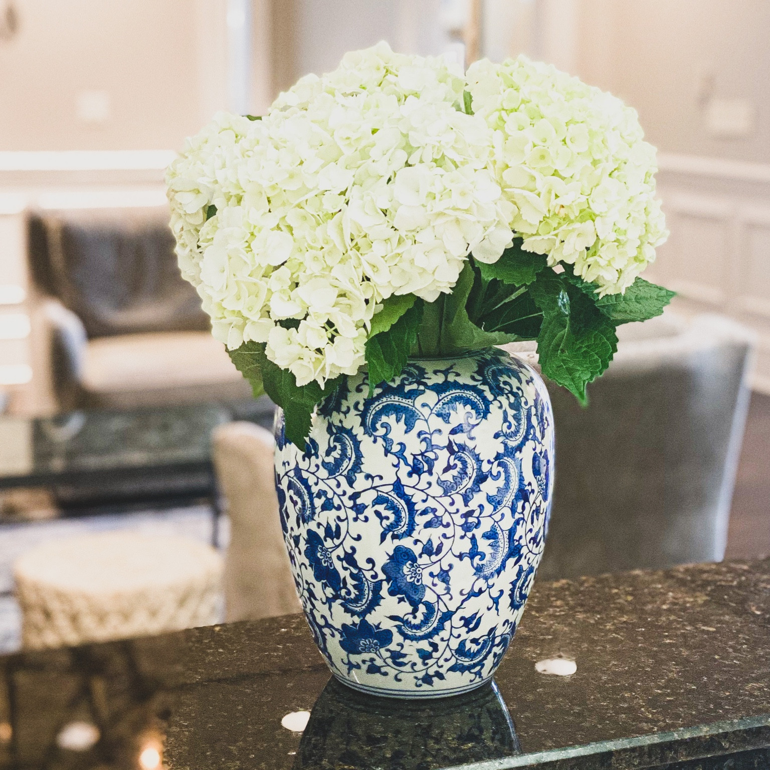 The prettiest ginger jar that doubles as a wonderful vase for hydrangeas. Can you believe this came from Amazon?!