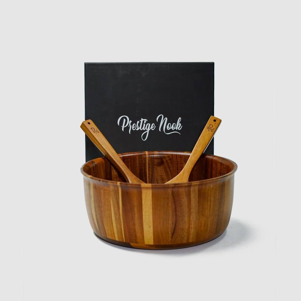 PRESTIGE NOOK Extra Large Wooden Salad Bowl - 12“ x 5” Acacia Wood Serving bowl with 2 server... | Amazon (US)