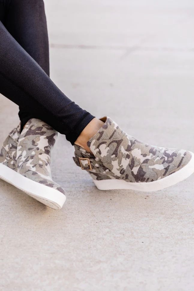 The Kacy Camo Sneaker Wedge Khaki | The Pink Lily Boutique