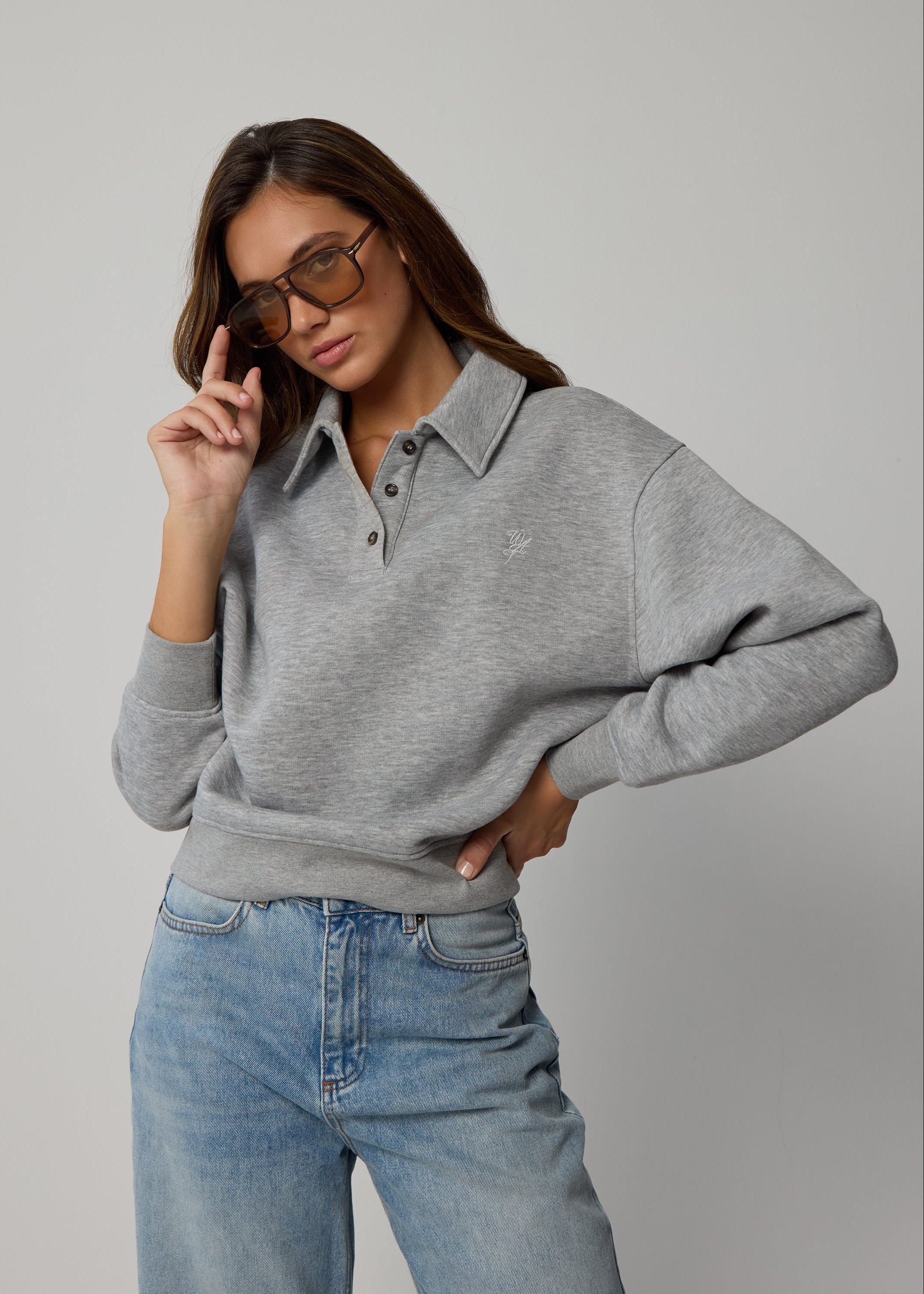 THE COLLARED HENLEY SWEATSHIRT - LIGHT GREY MARL | WAT The Brand