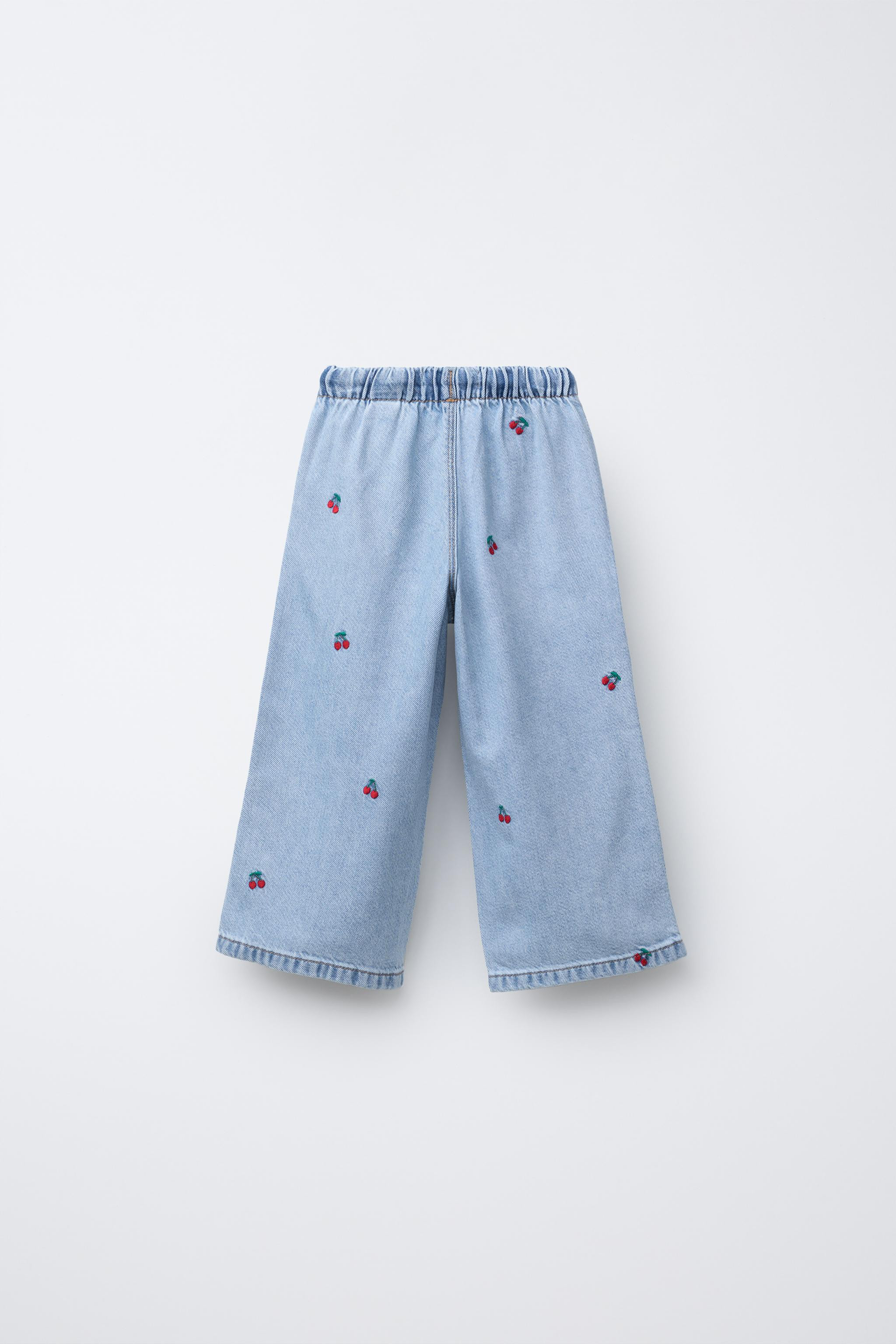 CHERRY EMBROIDERED WIDE LEG JEANS | Zara US