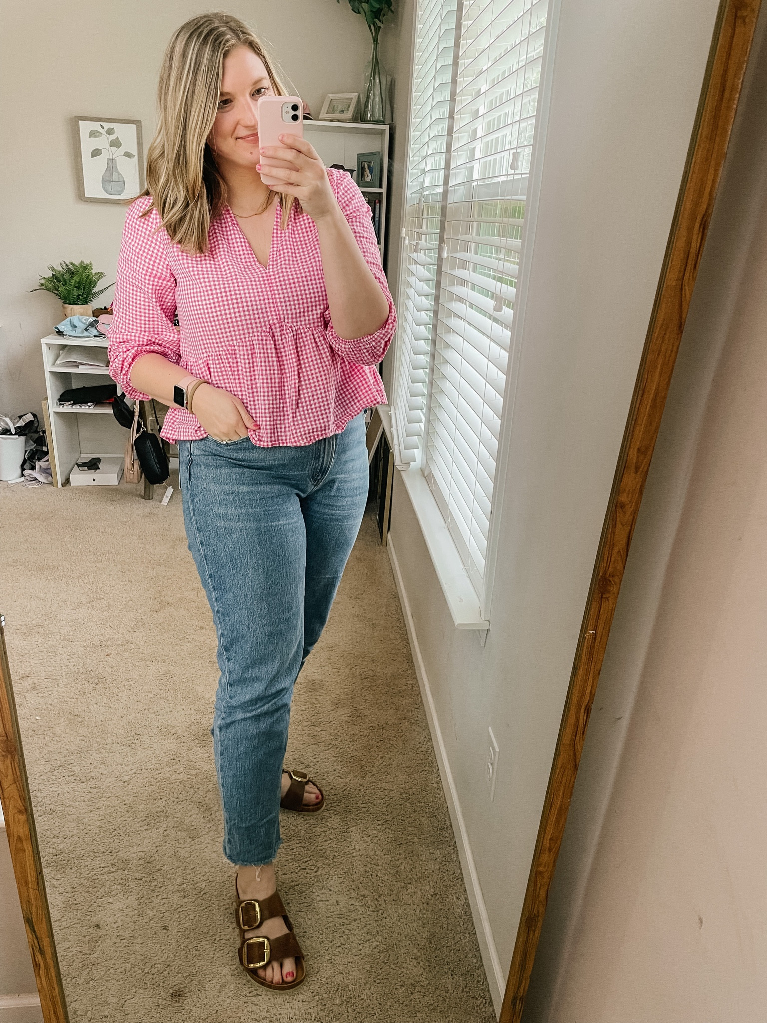 Gingham top. Jeans. Birkenstocks.  Casual outfit  

#LTKunder50 #LTKSeasonal #LTKstyletip