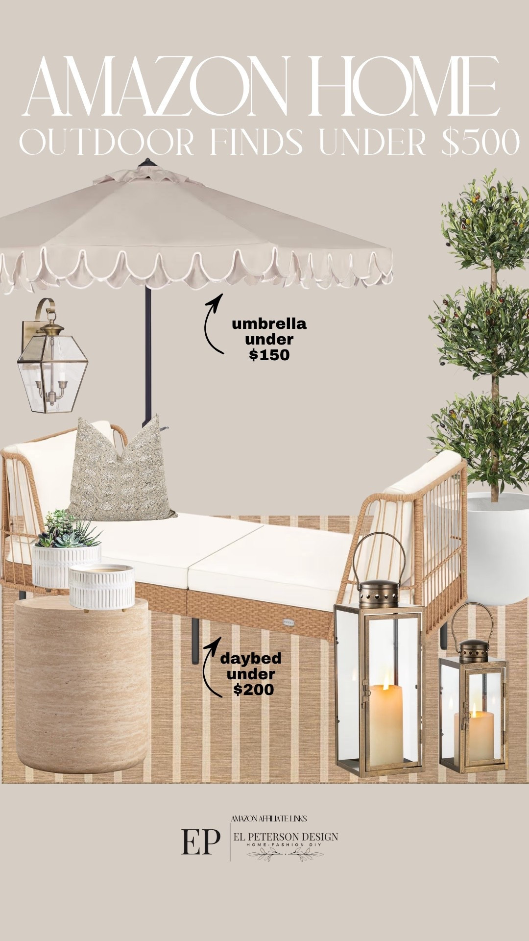 Amazon Outdoor
Umbrella
Accent table 
Rug
Lantern
Faux tree
Pillow
Lighting 

#LTKHome