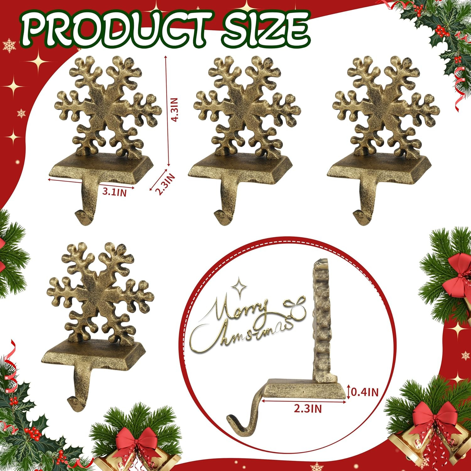 4Pcs Stocking Holders, Snowflake Pattern Retro Metal Mantel Hooks, Anti-Slip Heavy Duty Solid Cas... | Amazon (US)