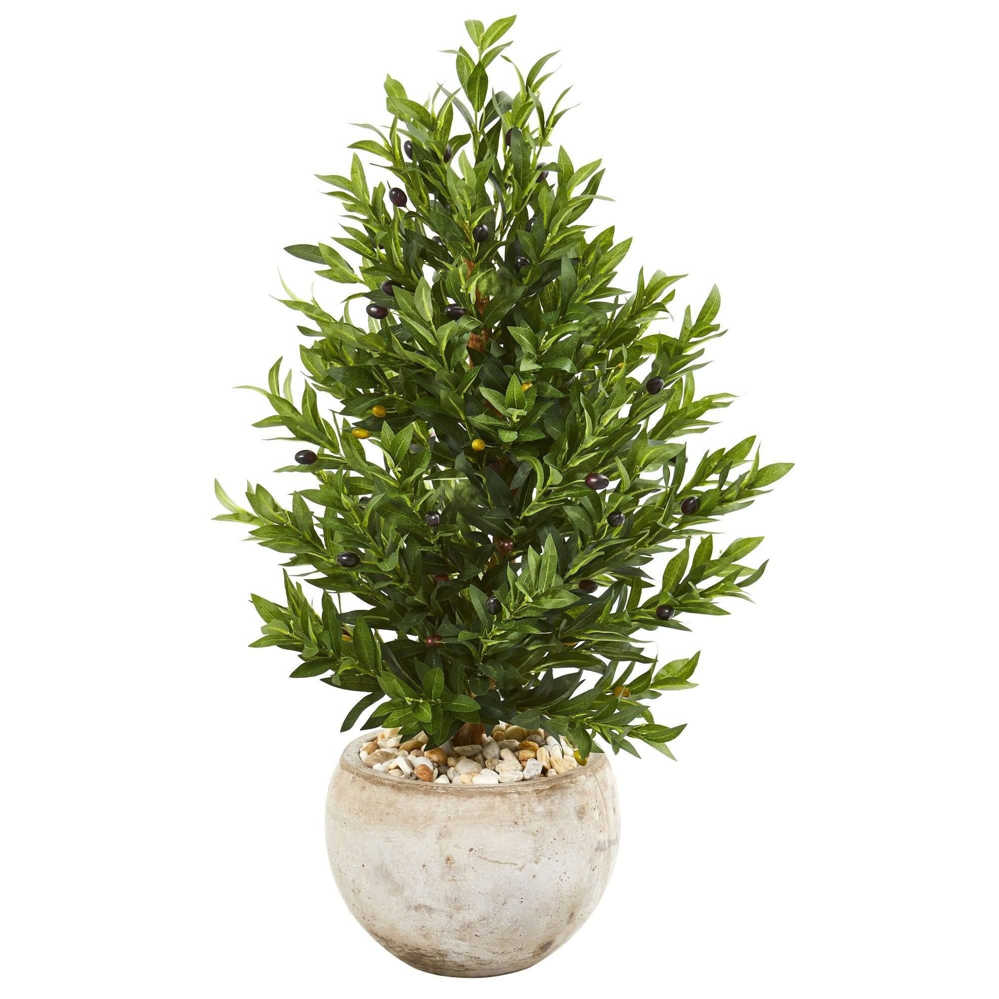 3’ Olive Cone Topiary Artificial Tree in Sand Stone Planter (Indoor/Outdoor) | Nearly Natural