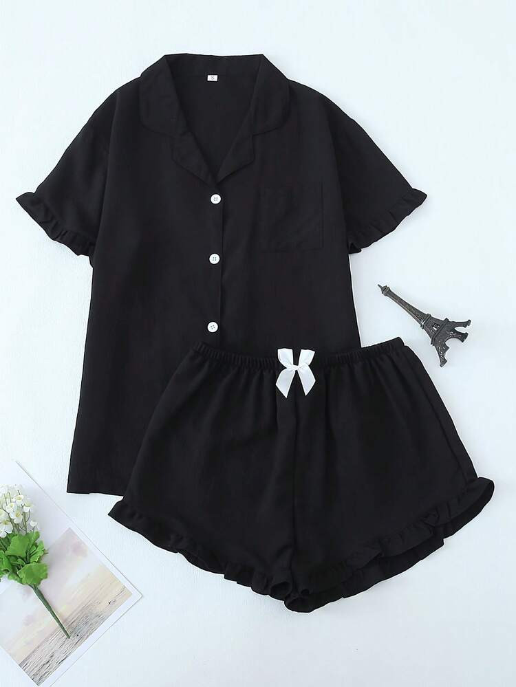 Women's Short-Sleeve Shorts Pajama Set With Ruffle Trim, Solid Color | SHEIN