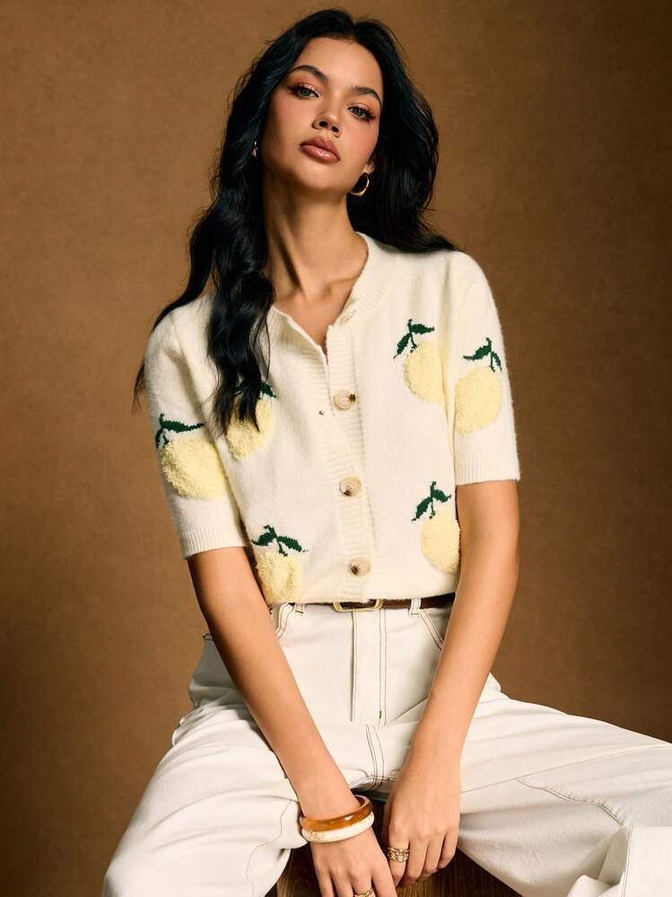 Poéselle Lemon Embroidery Casual Knitted Short Sleeve Cardigan Fall Clothes For Women,Tops For School | SHEIN