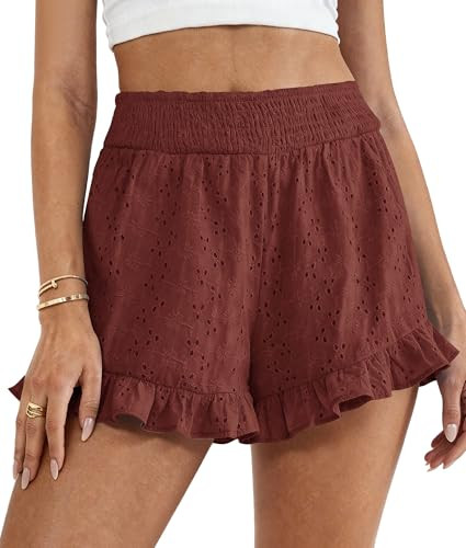 PRETTYGARDEN Shorts for Women Summer 2026 Beach Vacation Clothes Spring Elastic Waist Embroidered Ruffle Shorts with Pockets(Brick Red,Large) | Amazon (US)