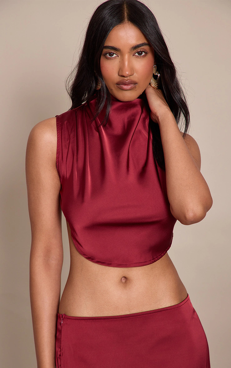 Burgundy Satin High Neck Tie Back Crop Top | PrettyLittleThing UK
