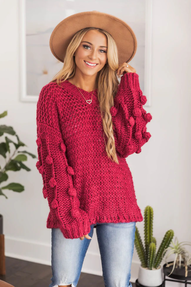 All Eyes On Me Burgundy Pom Sleeve Sweater CLEARANCE | The Pink Lily Boutique