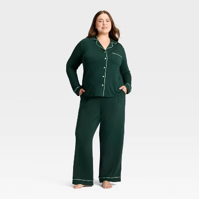 Women's Cloud Knit Modal Long Sleeve Notch Collar Top and Pants Pajama Set - Auden™ Green 2X | Target
