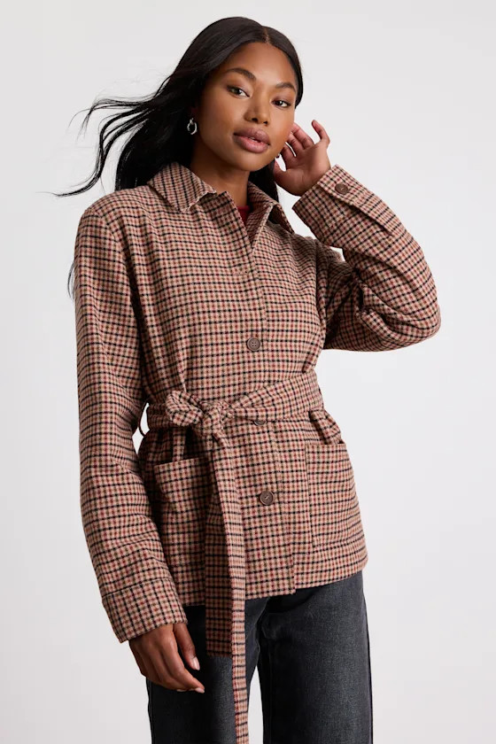 Kimley Beige Multi Plaid Belted Collared Jacket | Lulus