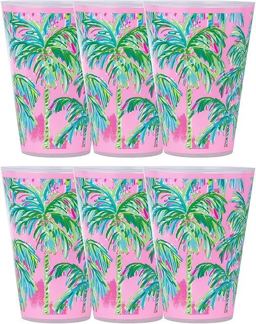 Lilly Pulitzer 14 Ounce Reusable Pink/Green Plastic Pool Cups, Set of 6 Durable Kid-Friendly Drin... | Amazon (US)